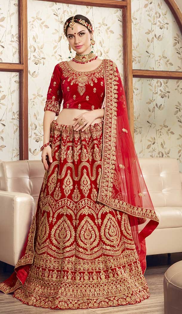 Alluring Red Color 9000 Velvet Designer Bridal Wedding Lehenga Choli -752492769