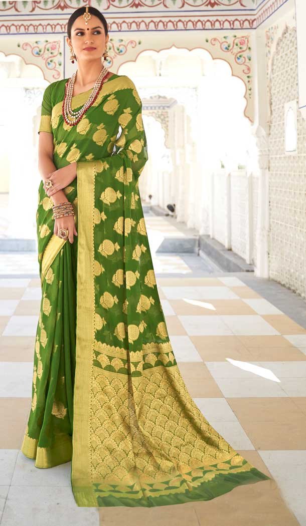 Elegant Green Color Chiffon Casual Party Wear Zari Weaving Work Saree -741391694