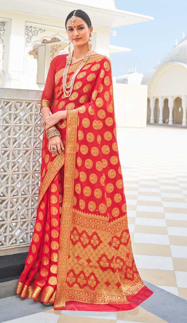 Alluring Red Color Chiffon Casual Party Wear Zari Weaving Work Saree -741391698