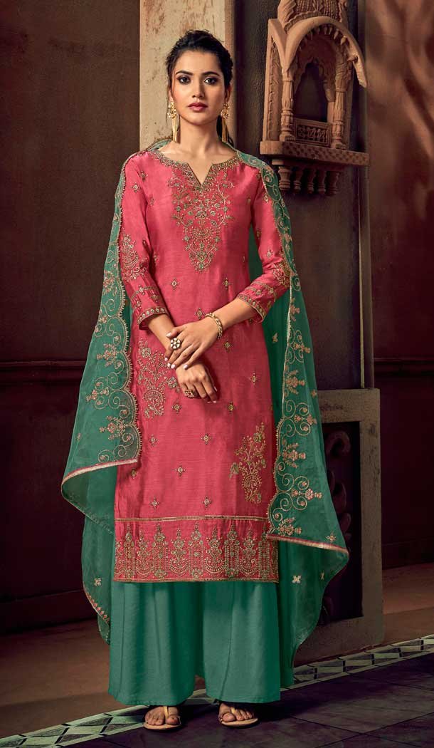 Pink Color Rass Silk Embroidery Designer Party Wear Palazzo Suit -753492887