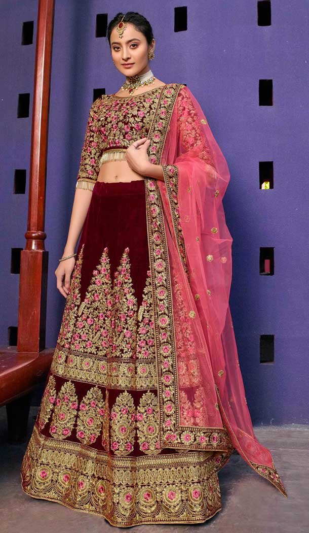 Majesty Maroon Color Velvet 9000 Designer Wedding Lehenga Choli -757993534