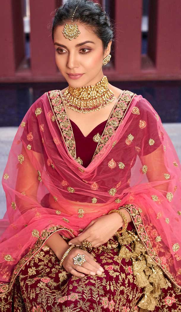 Dark Pink Color Velvet 9000 Designer Wedding Lehenga Choli -757993535