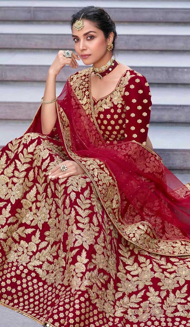 Charming Maroon Color Velvet 9000 Designer Wedding Lehenga Choli -757993536