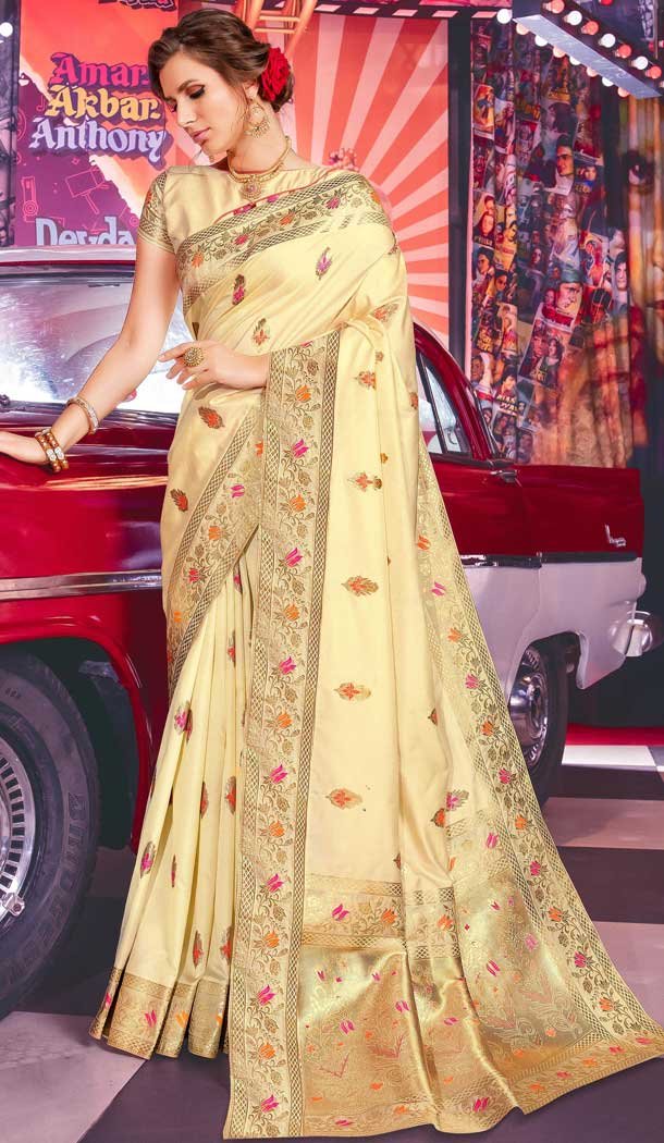 Contemporary Cream Color Jacquard Silk Desiginer Traditional Party Wear Saree -759093641
