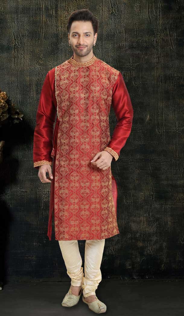 Red Color Dupion Silk Readymade Designer Men Kurta Pajama -755993247