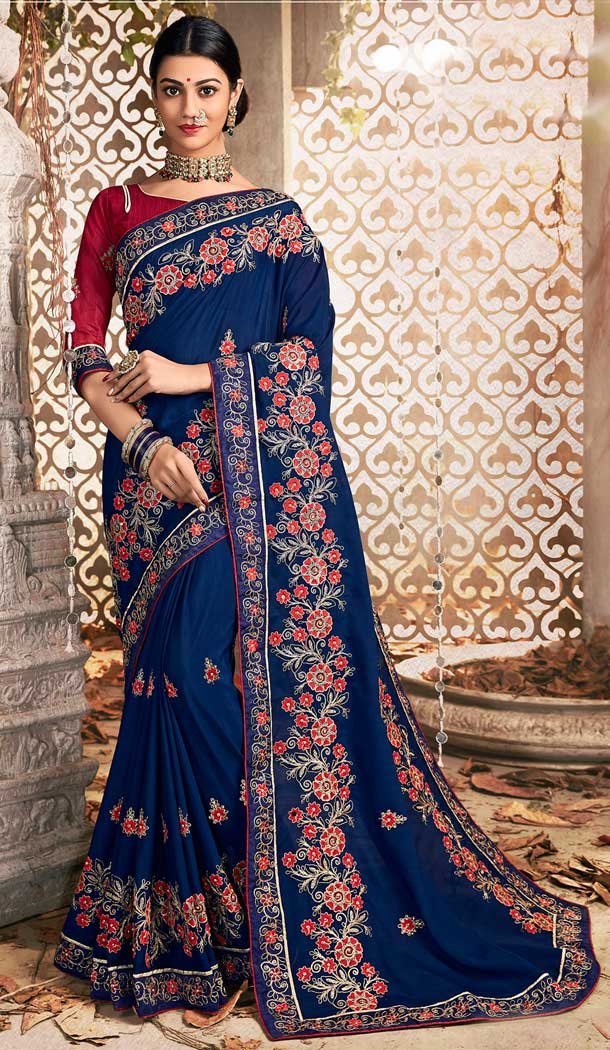 Blue Color Chanderi Silk Designer Party Wear Saree -769494655
