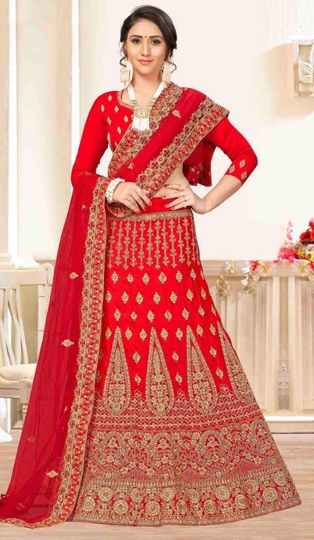 Red Satin Silk Traditional Wear Plus Size Lehenga Choli -767194381