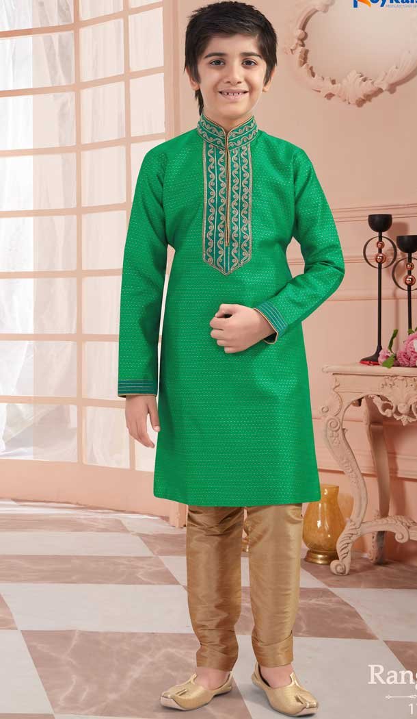 Green Color Jaquard Readymade Kid Boys Kurta Pajama -VOL171705