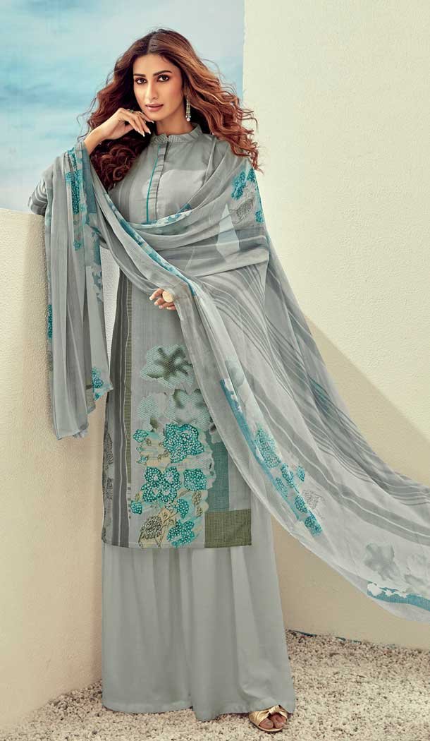 Grey Color Pure Lawn Cotton Casual Wear Palazzo Suit -768294569