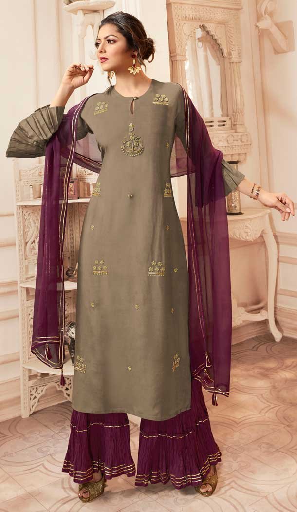 Grey Color Viscose Rayon Drashti Dhami Readymade Sharara Suit -pf75225028