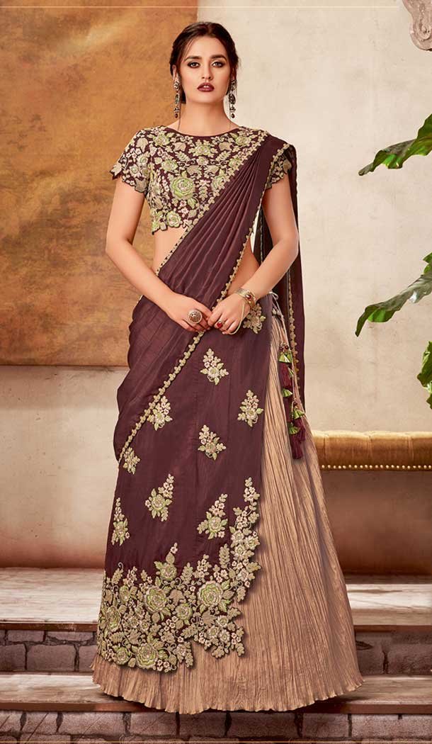 Beige Maroon Color Crush Silk Designer Party Wear Lehenga Choli -pf75725511