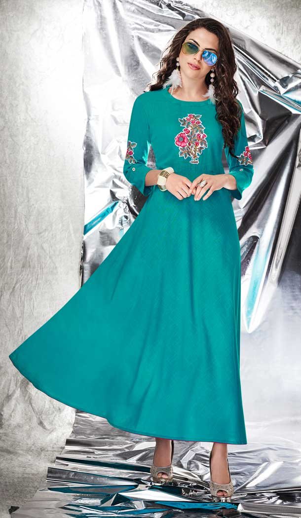 Magnificient Blue Color Cotton Slub Designer Readymade Party Kurtis -pf75975724