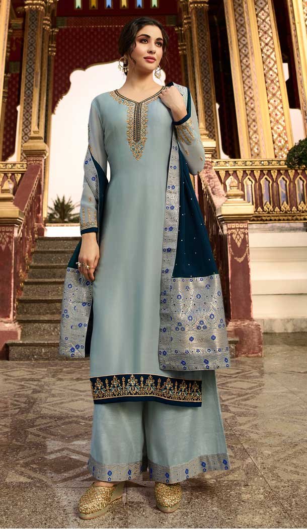 Grey Color Satin Georgette Party Wear Palazzo Salwar Suit -pf76556263