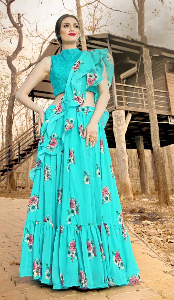 Sky Blue Color Georgette Designer Readymade Party Wear Lehenga Choli -pf76666336