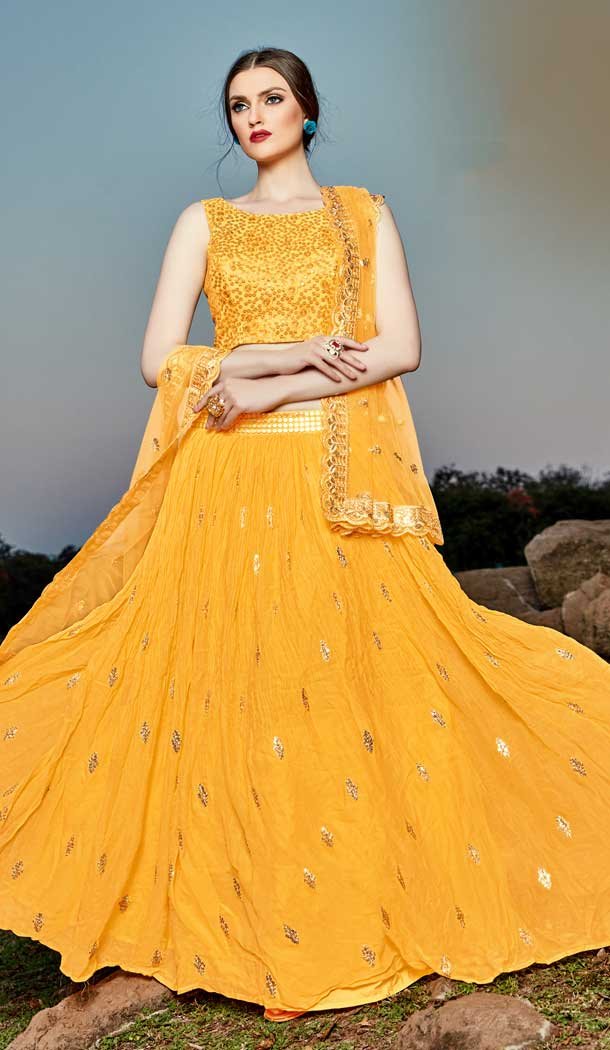 Musturd Yellow Color Georgette Designer Readymade Party Wear Lehenga Choli -pf76666344