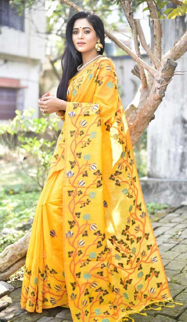 Stylish Yellow Color Fancy Cotton Casual Party Wear Saree -EV540271377
