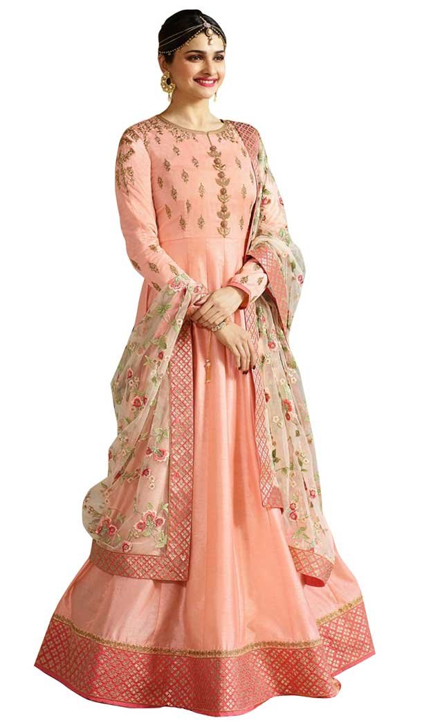 Bollywood Celebrity Prachi Desai Peach Color Faux Georgette Salwar Kameez -EV545471751