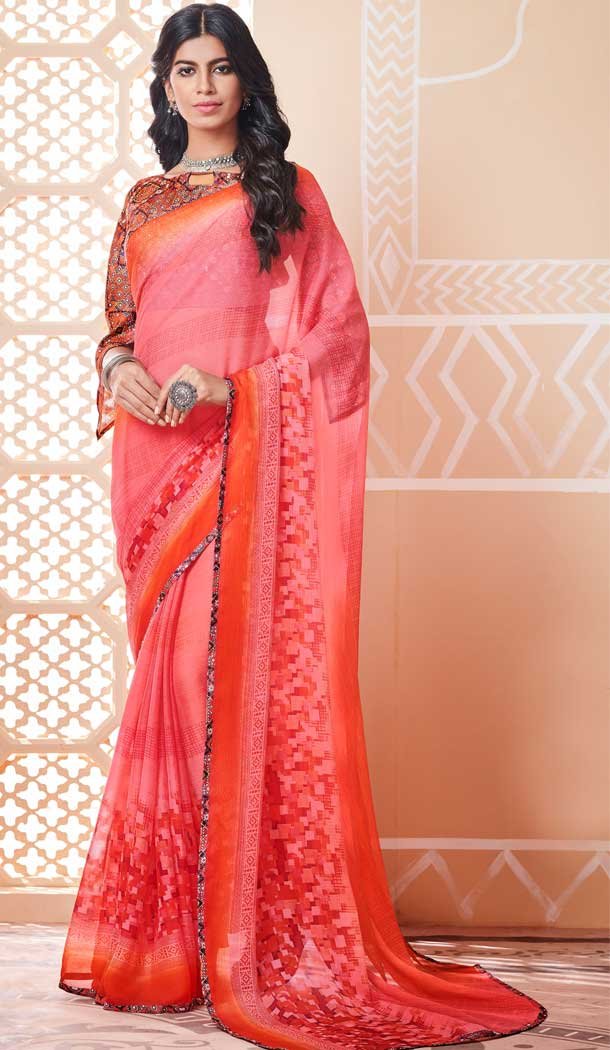 Light Pink Color Chiffon Ruffle Style Digital Printed Saree -730690463
