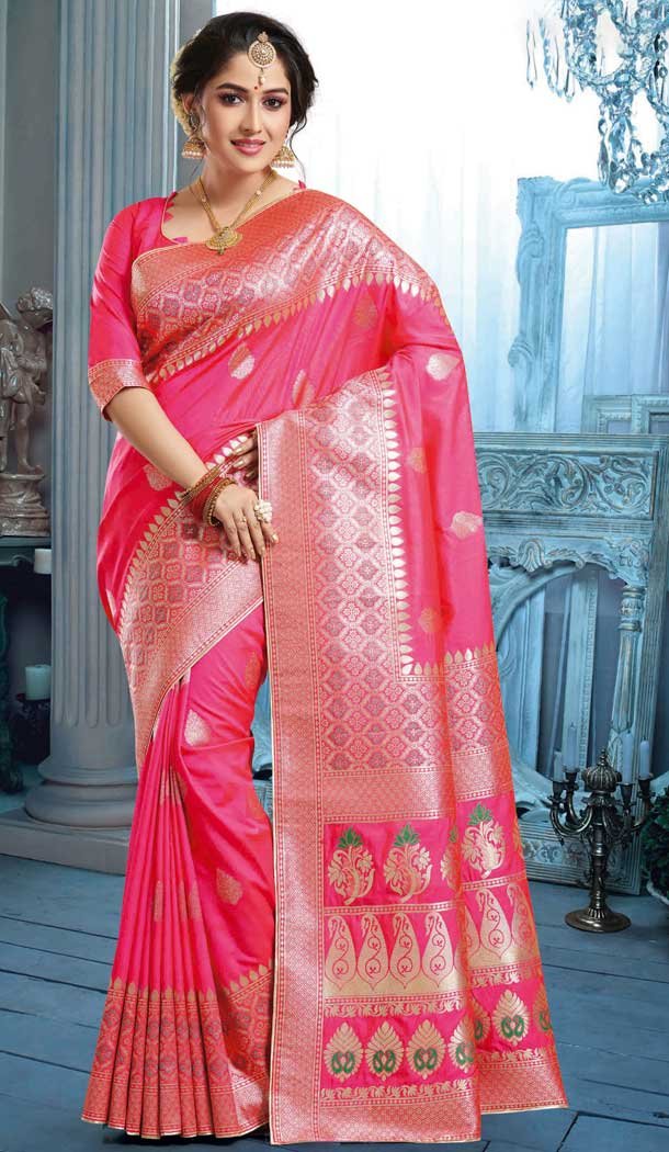 Stunning Pink Color Banarasi Pure Silk Traditional Wer Saree Blouse -738191353