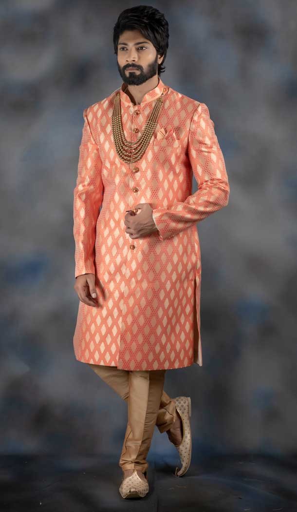 Peach Color Jacquard Indo Western For Men In Plus Size -732790724
