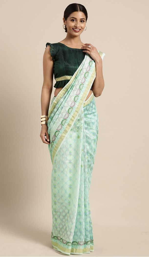 Aqua Green Color Cotton Linen Casual Wear Style Saree Blouse -773795085