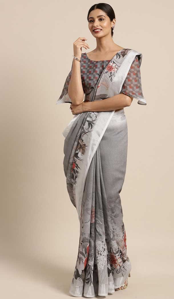 Grey Color Cotton Linen Casual Wear Style Saree Blouse -773795096