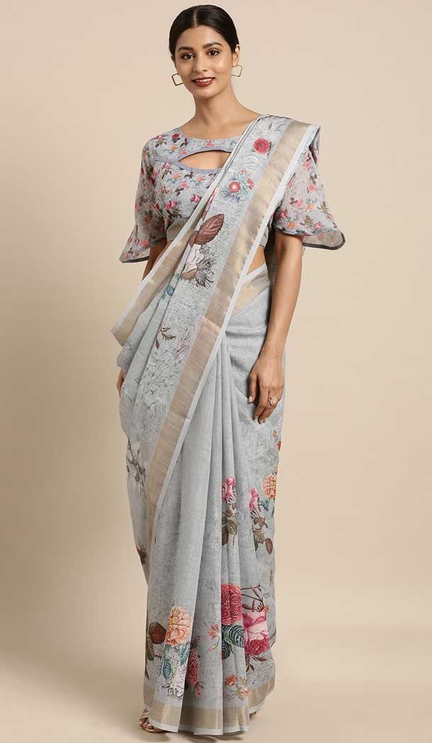 Grey Color Cotton Linen Casual Wear Style Saree Blouse -773795102