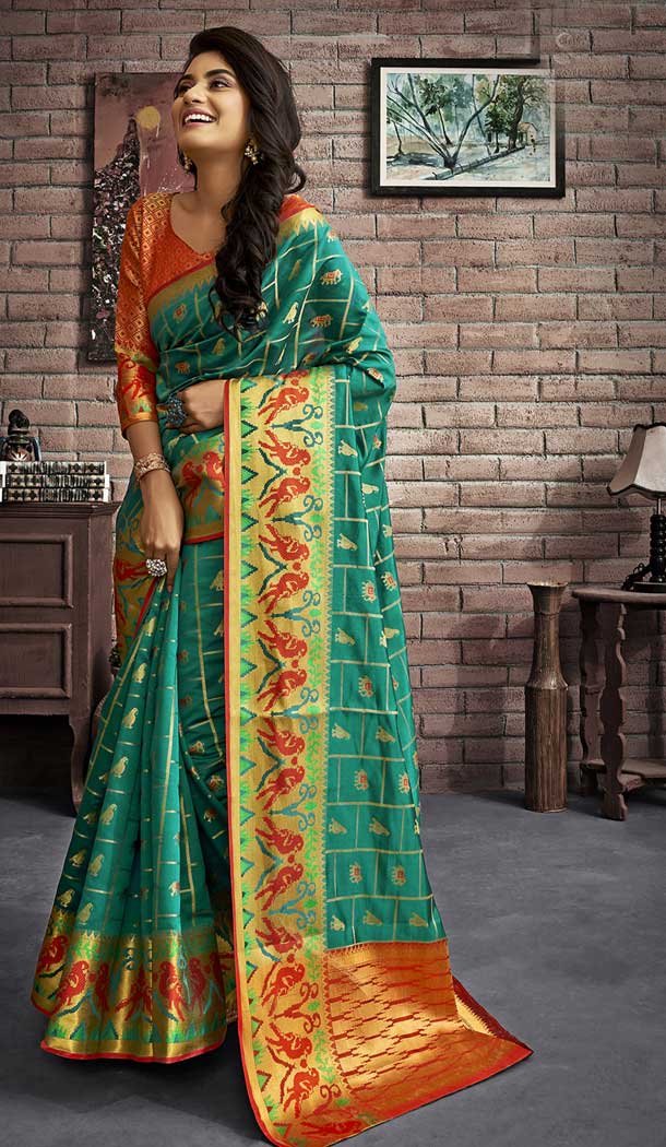 Aqua Green Color Jacquard Silk Traditional Wear Designer Saree Blouse -777595525