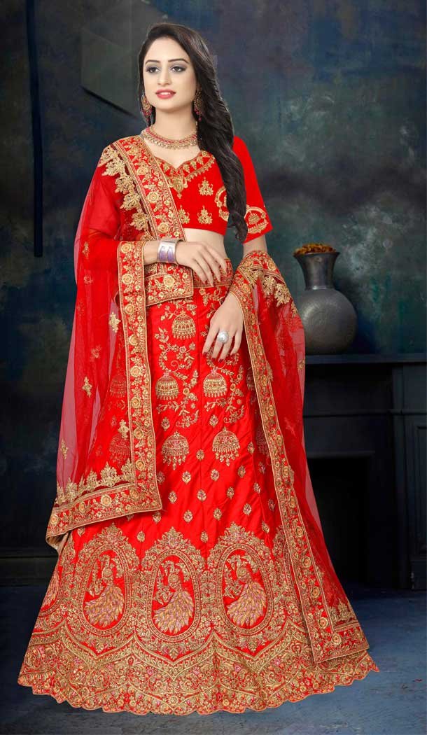 Ethnic Red Color Satin Silk Designer Bridal Wedding Wear Lehenga Choli -777795545