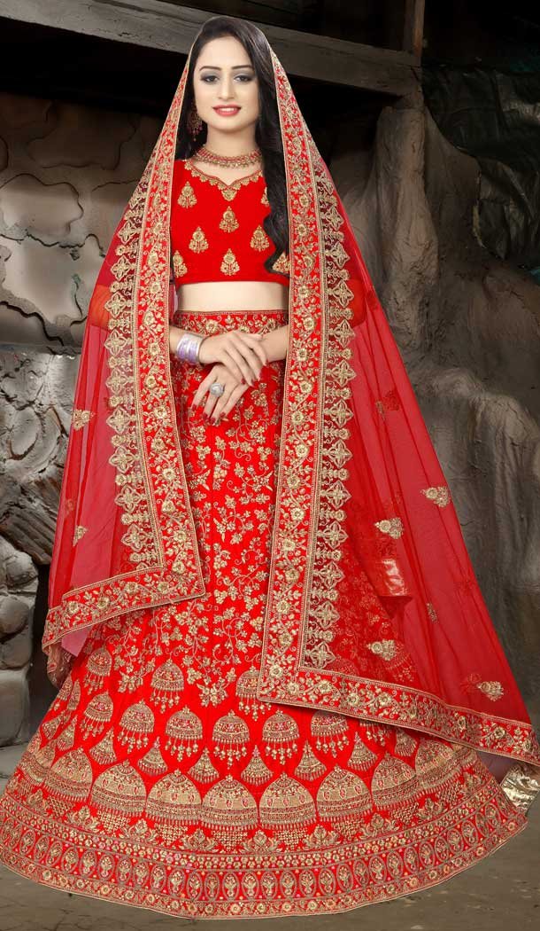 Alluring Red Color Satin Silk Designer Bridal Wedding Wear Lehenga Choli -777795546