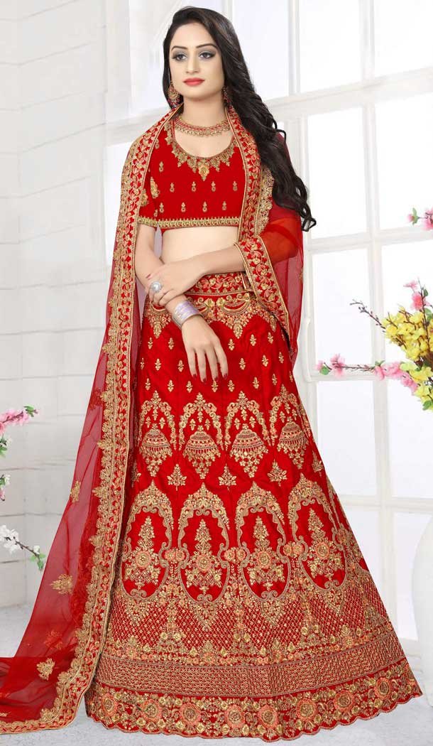 Charming Maroon Color Satin Silk Designer Bridal Wedding Wear Lehenga Choli -777795550