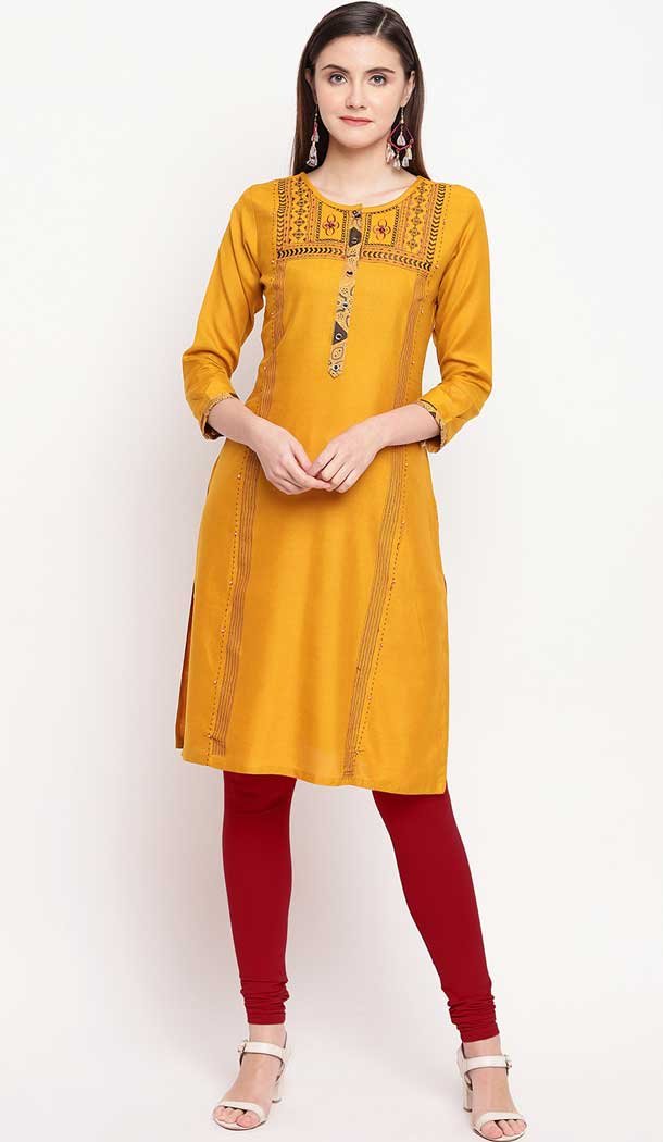 Mesmerizing Yellow Color Rayon Casual Party Wear Plus Size Readymade Kurti -776495427