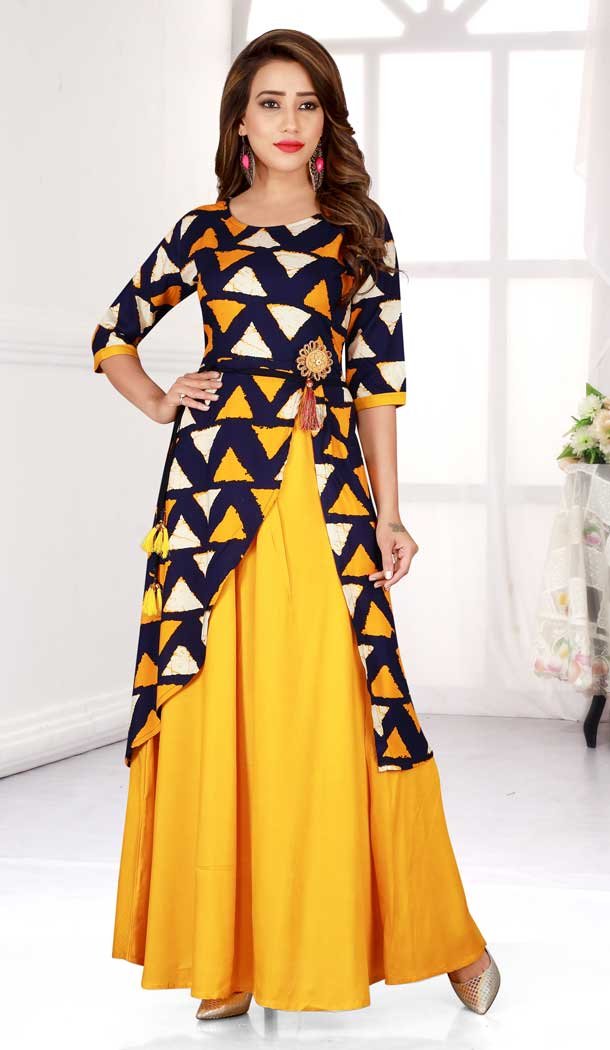 Yellow Navy Blue Color Heavy Rayon Designer Logn Readymade Kurti -777895562