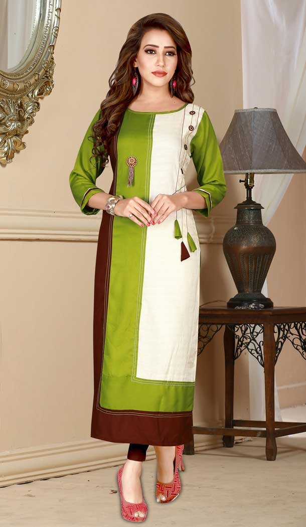 Magnificient Green Color Heavy Rayon Designer Logn Readymade Kurti -777895571