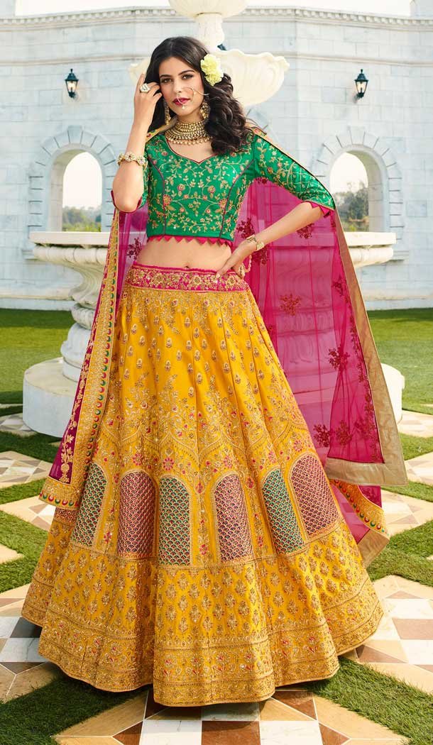 Stylish Yellow Color Satin Silk Heavy Designer Wedding Wear Bridal Lehenga -779895749