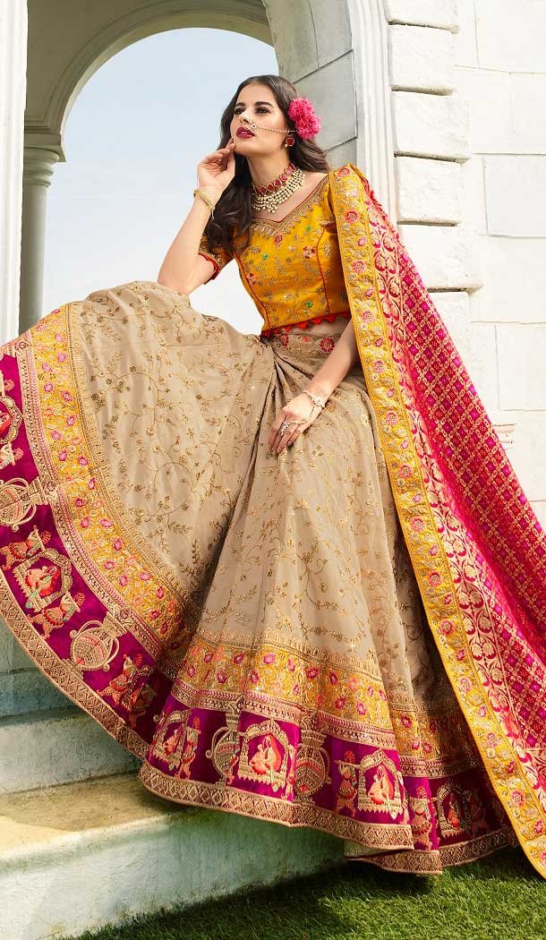 Beige Color Satin Silk Heavy Designer Wedding Wear Bridal Lehenga -779895751
