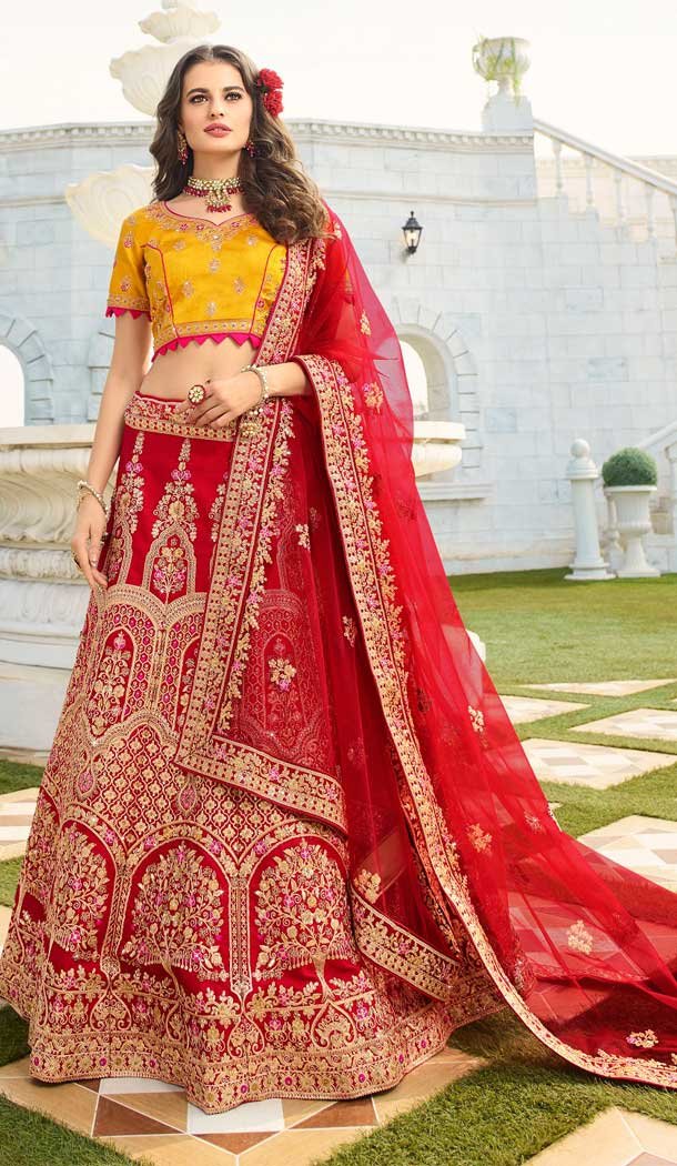 Red Color Satin Silk Heavy Designer Wedding Wear Bridal Lehenga -779895753