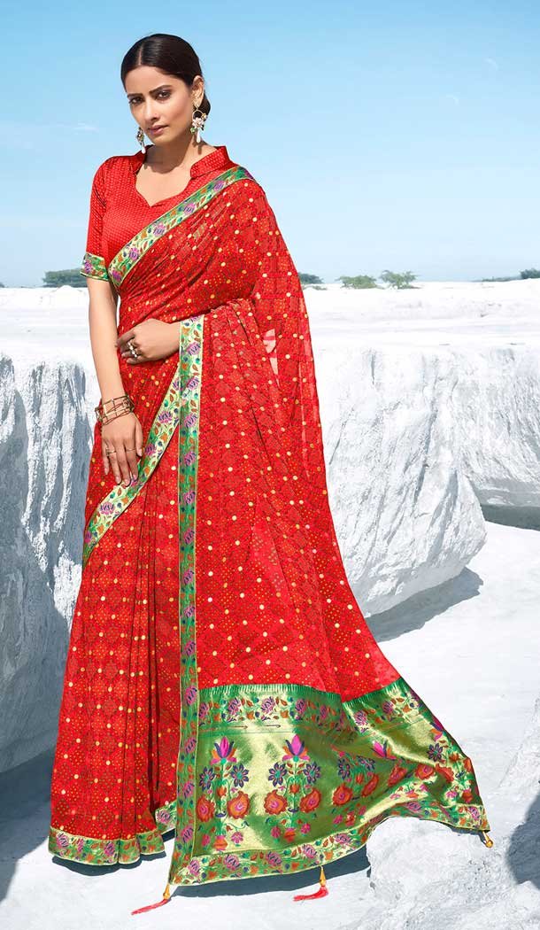 Adorable Red Color Georgette Short Jacquard Pallu Party Wear Saree -782196009