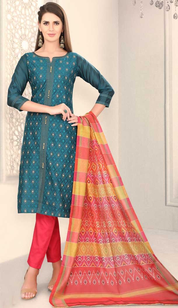 Dark Turquoise Color Chanderi Silk Designer Party Wear Salwar Suit -780895862