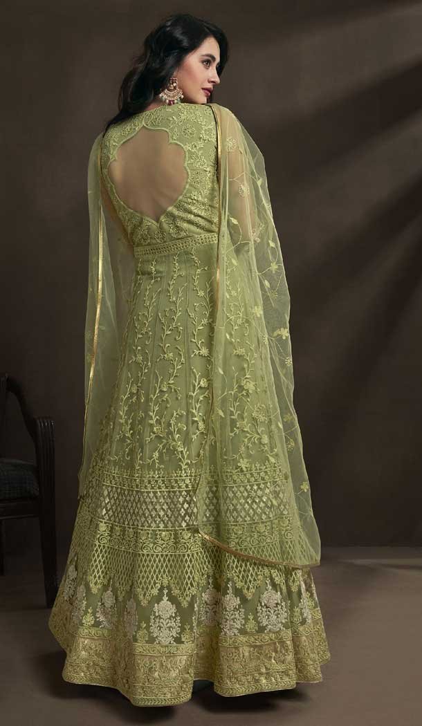 Mesmerizing Pista Green Color Net Heavy Designer Indo Western Salwar Kameez -782496027