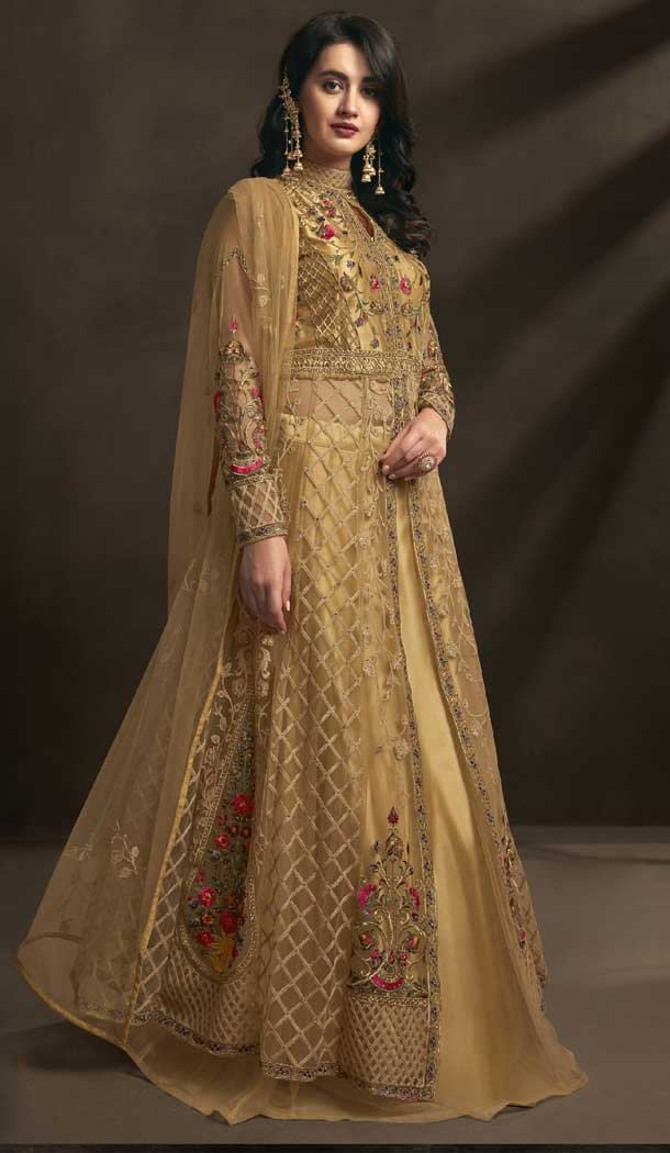 Enigmatic Golden Color Net Heavy Designer Indo Western Salwar Kameez -782496029