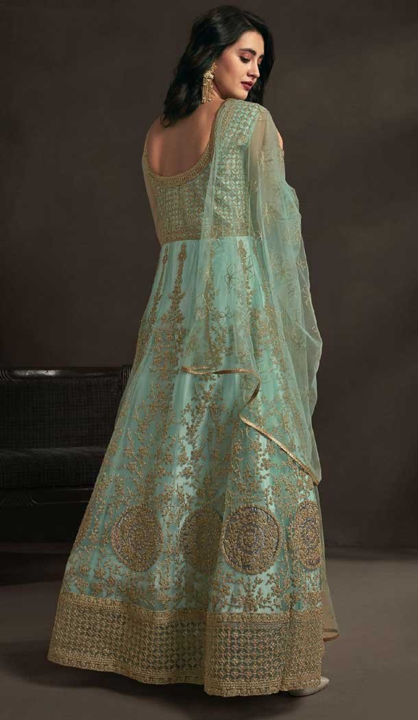 Marvelous Sky Blue Color Net Heavy Designer Indo Western Salwar Kameez -782496030