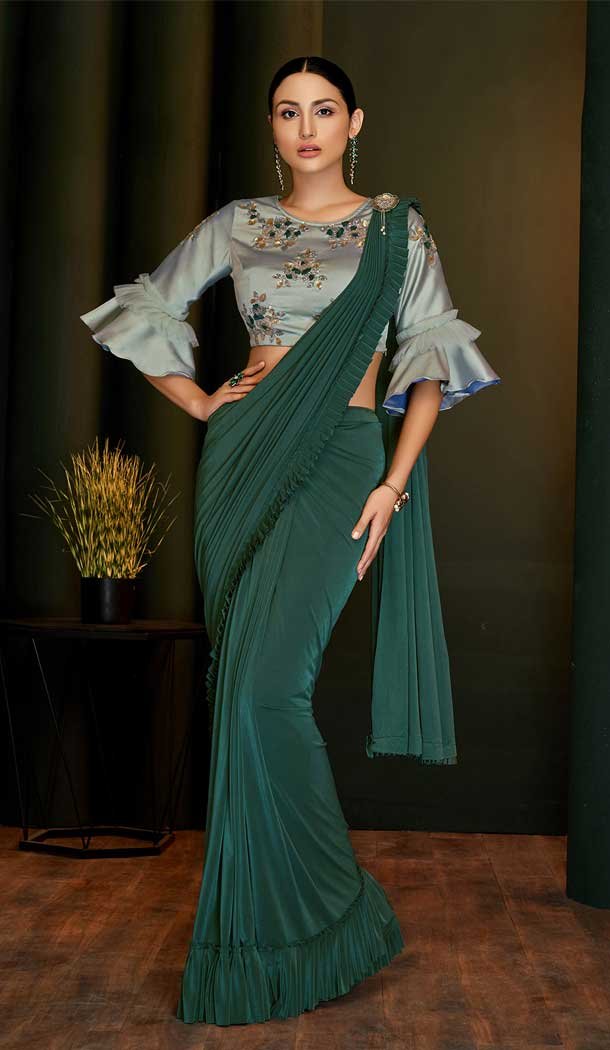 Green Color Fancy Lycra Designer Party Wear Readymade Saree Blouse -783296089