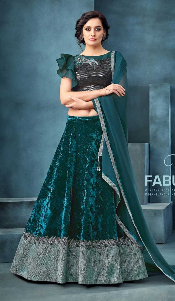 Teal Blue Color Fancy Velvet Heavy Designer Party Wear Bridal Lehenga Choli -784396166