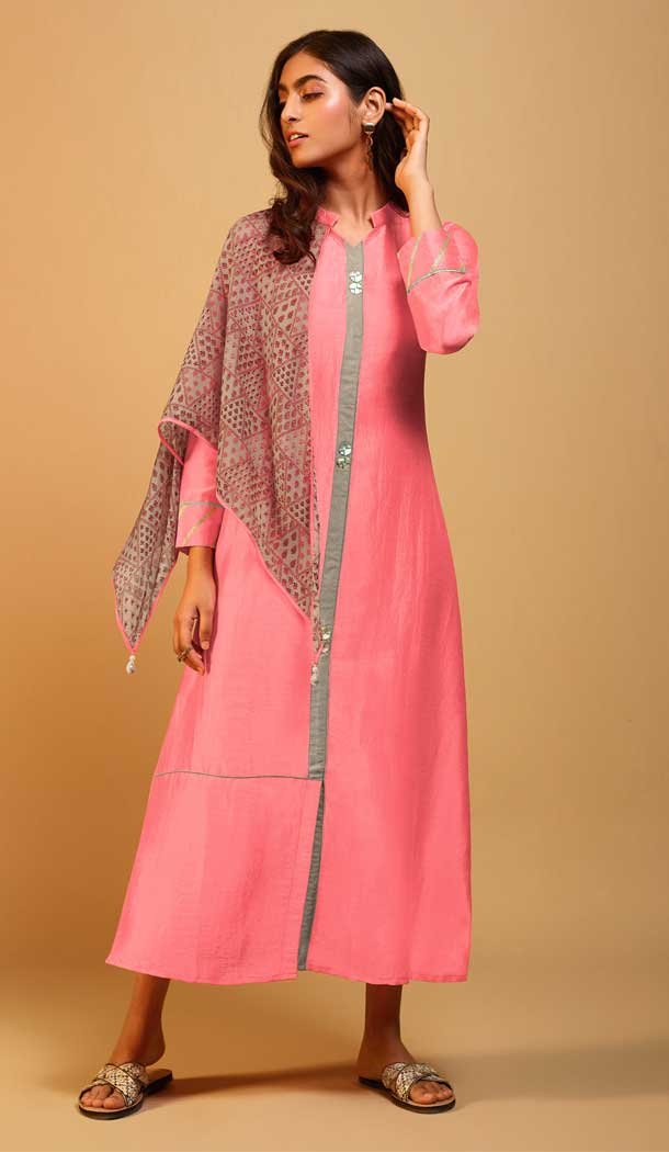 Classy Pink Color Naisa Silk Party Wear Designer Long Kurti With Scarf -786796354