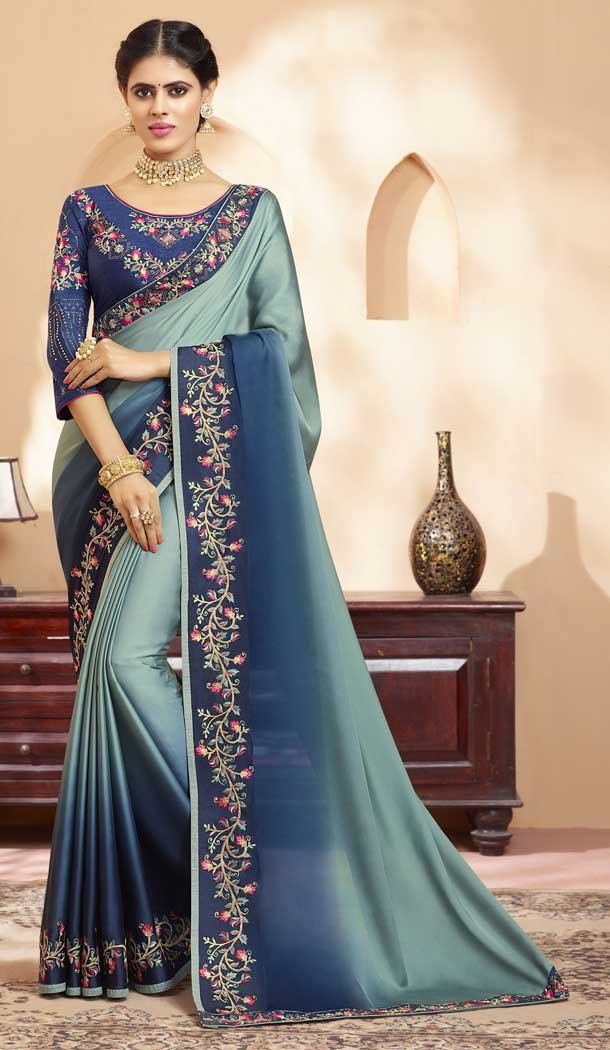 Blue Shades Color Georgette Heavy Designer Wear Traditional Saree -789496633