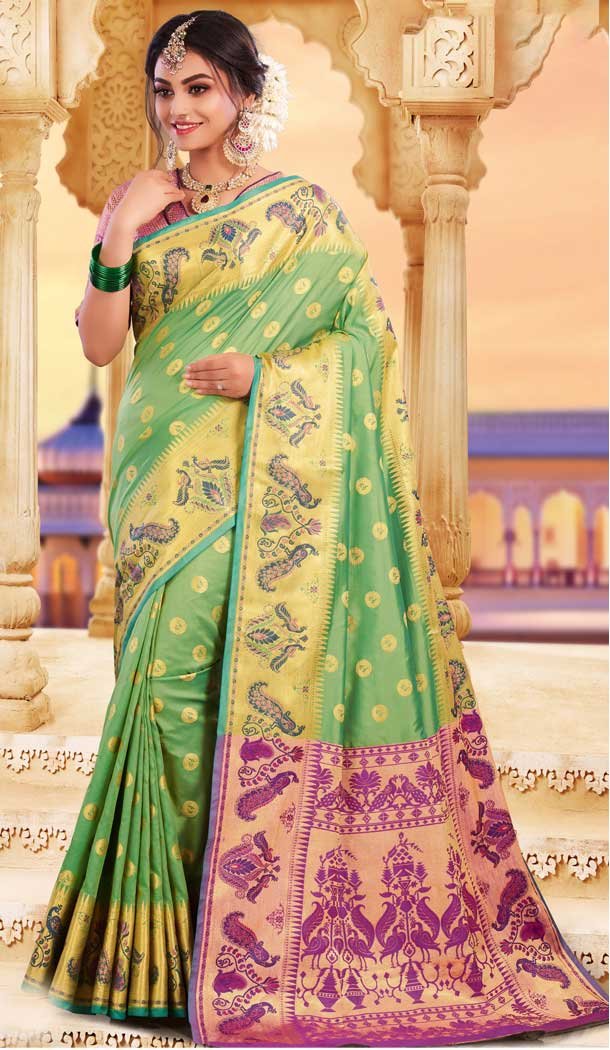 Unique Green Color Silk Heavy Designer Party Wear Classic Saree -790196698