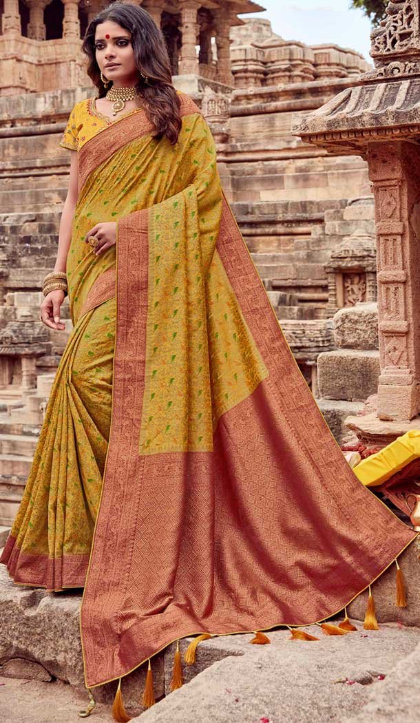 Musterd Color Chanderi Silk Mix With Nylon Designer Party Wear Saree -794497080