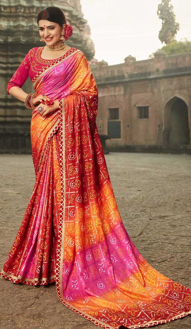 Stepping Multi Color Georgette Designer Rajestani Bandhani Style Saree -795297157