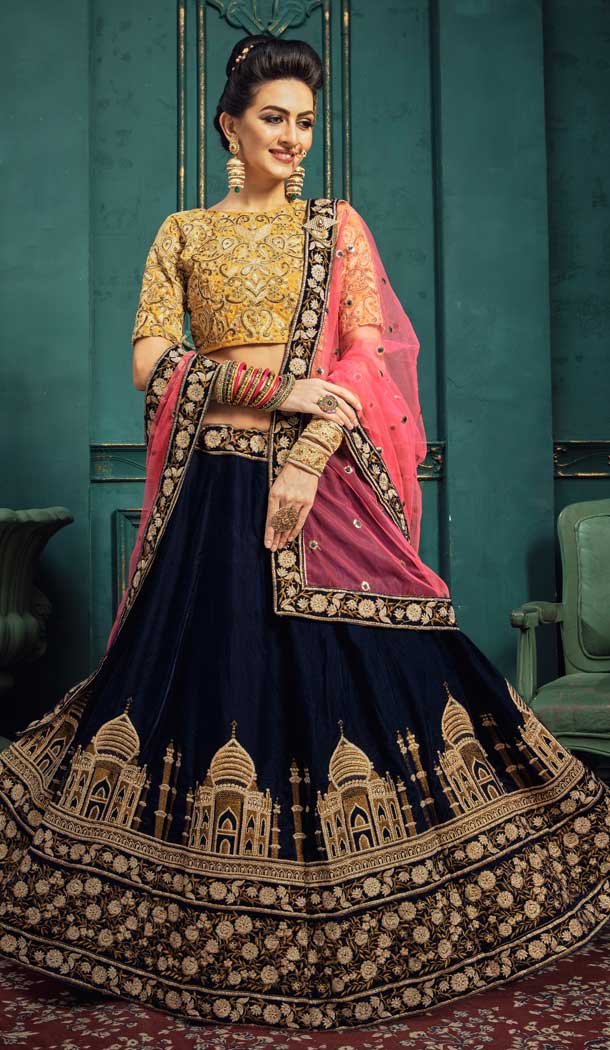 Navy Blue Color Velvet Designer Traditional Wear Lehenga Choli -77477001